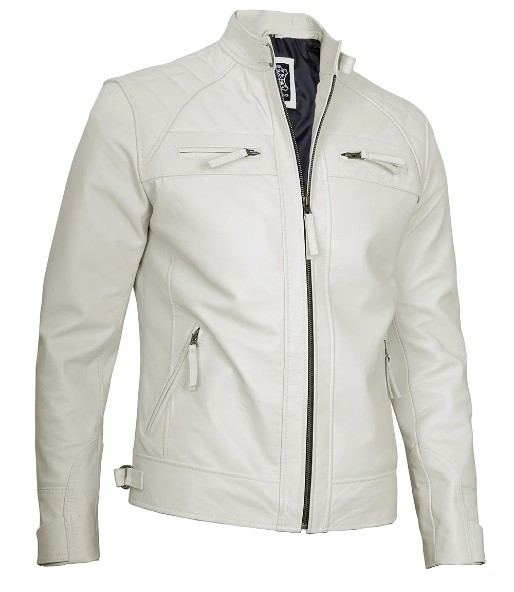 Classic Men's Off White Real Leather Cafe Racer Jacket - Image 2