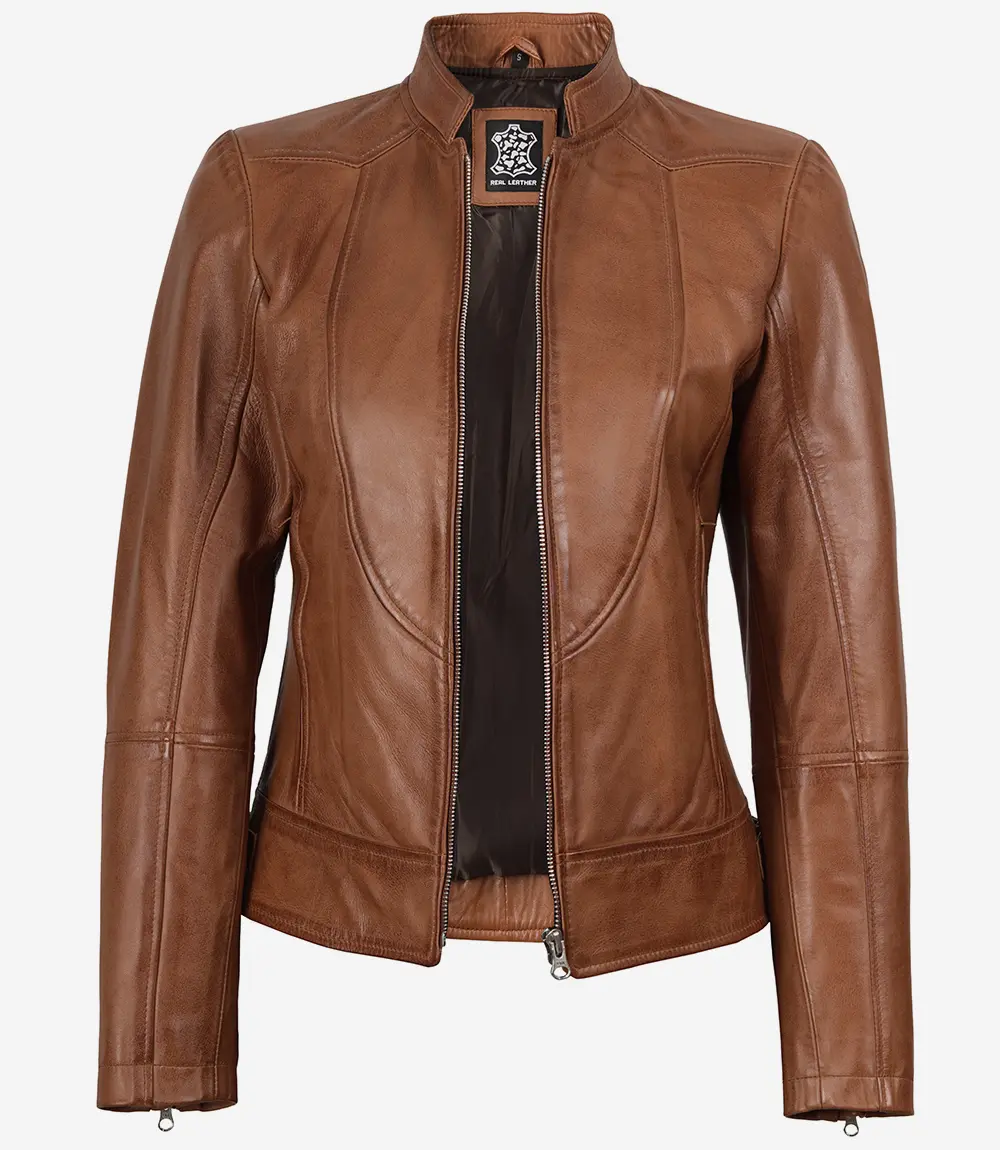 Women's Tan Brown Lambskin Leather Cafe Racer Jacket - Image 2