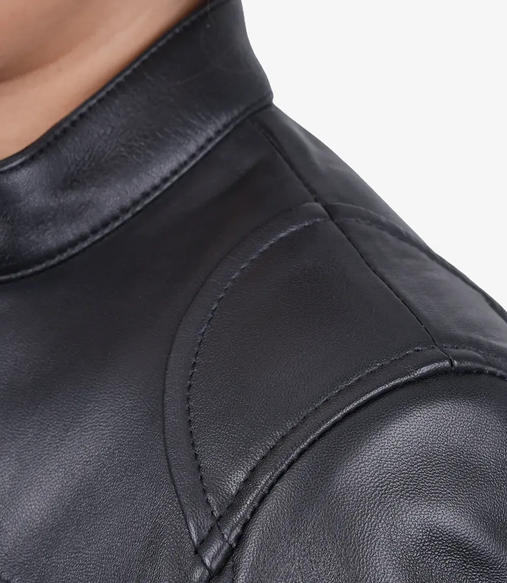 Women's Black Lambskin Leather Biker Jacket - Image 2