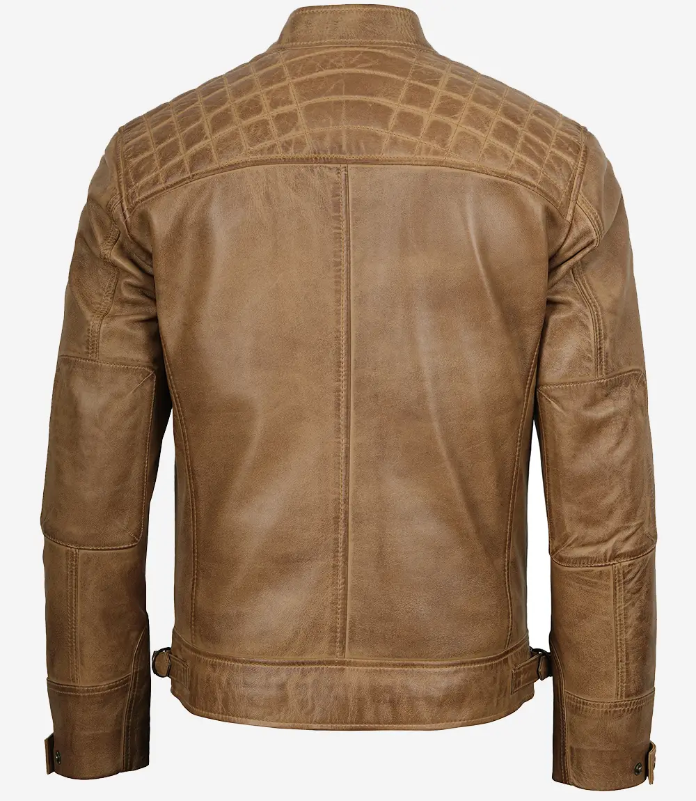 Men’s Waxed Camel Brown Cafe Racer Leather Jacket - Image 4