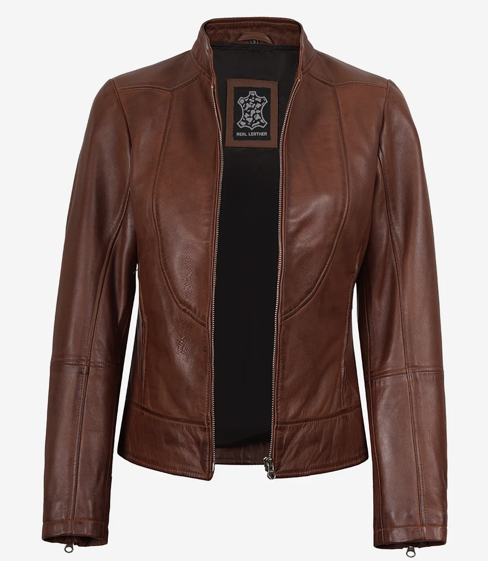 Women's Vintage Cafe Racer Cognac Brown Leather Jacket - Image 2