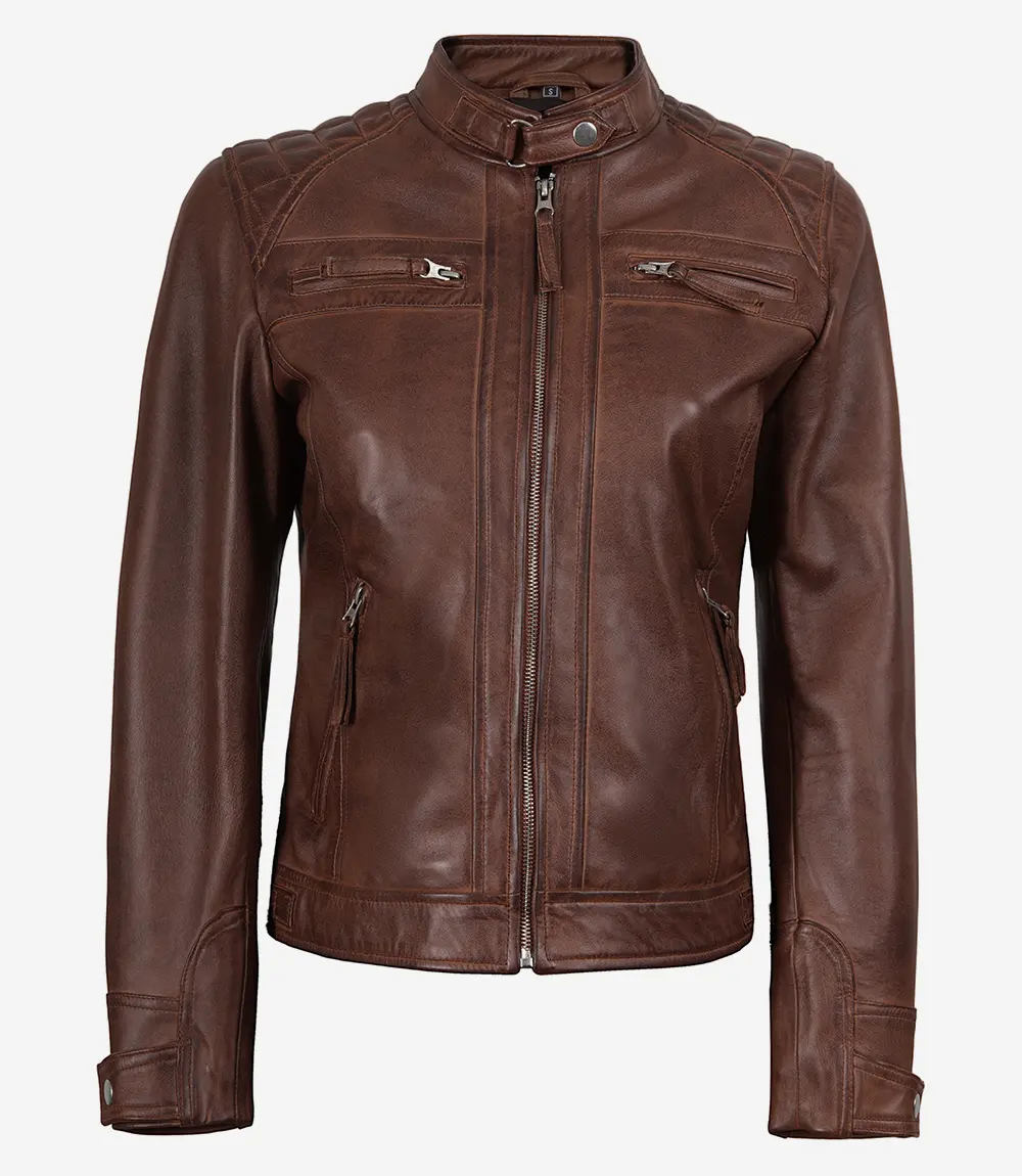 Johnson Women Cognac Quilted Cafe Racer Leather Jacket - Image 2