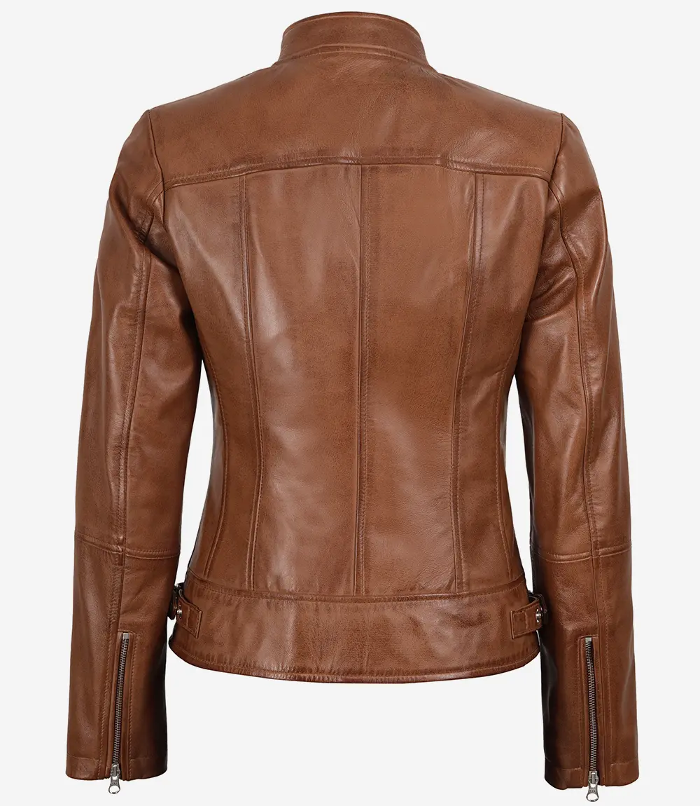 Women's Tan Brown Lambskin Leather Cafe Racer Jacket - Image 3
