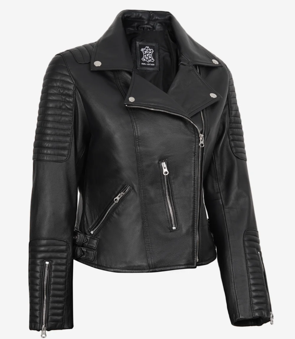 Bari Black Women's Real Leather Biker Jacket - Image 2
