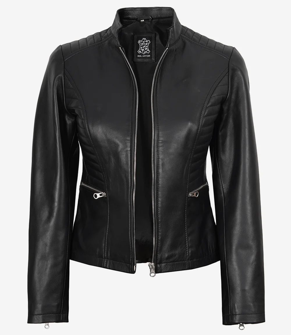 Women's Cafe Racer Black Leather Jacket - Image 2