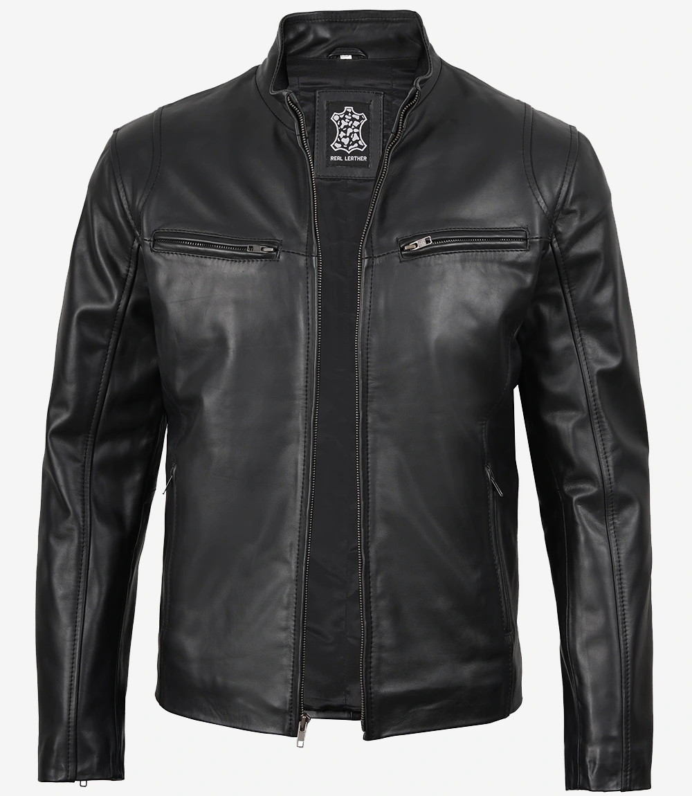 Men Black Cafe Racer Leather Jacket - Image 2