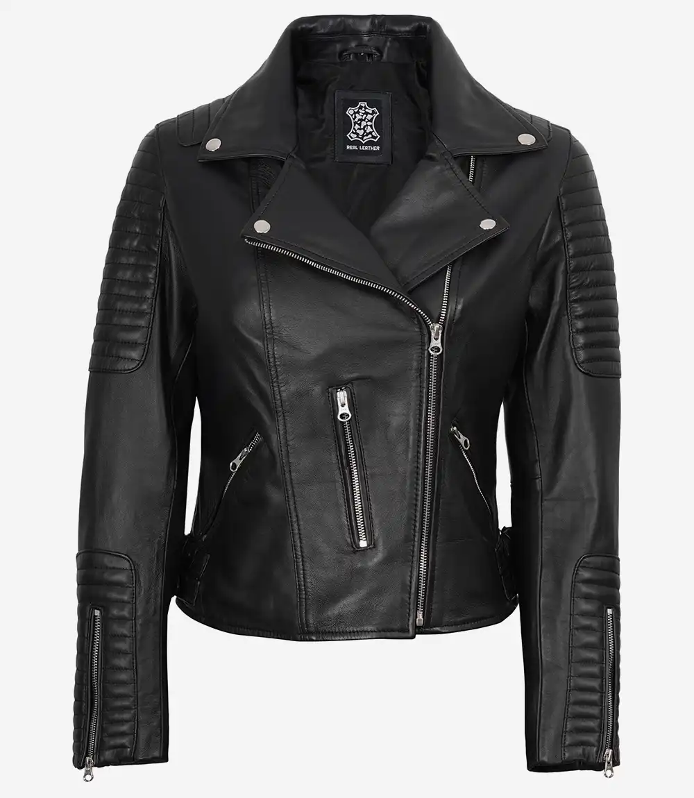 Bari Black Women's Real Leather Biker Jacket - Image 5