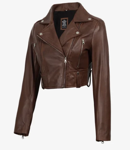 Women's Cropped Cognac Wax Moto Leather Jacket