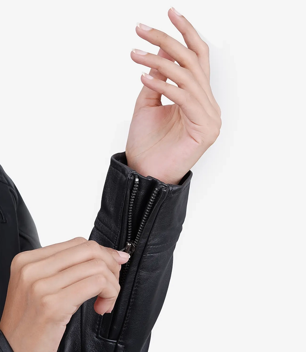 Women's Black Lambskin Leather Biker Jacket - Image 3
