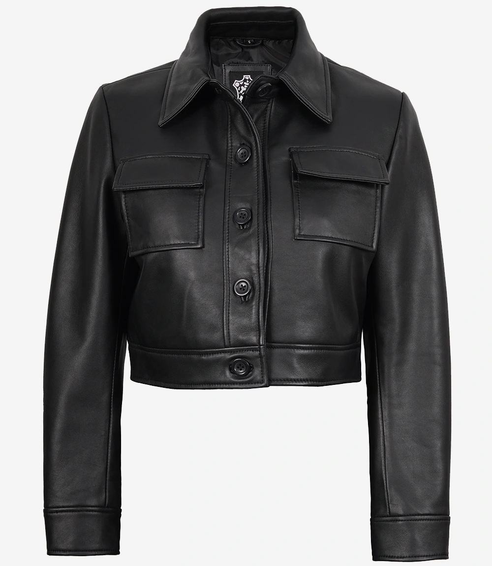 Freddie Women’s Black Harrington Cropped Leather Jacket - Image 2