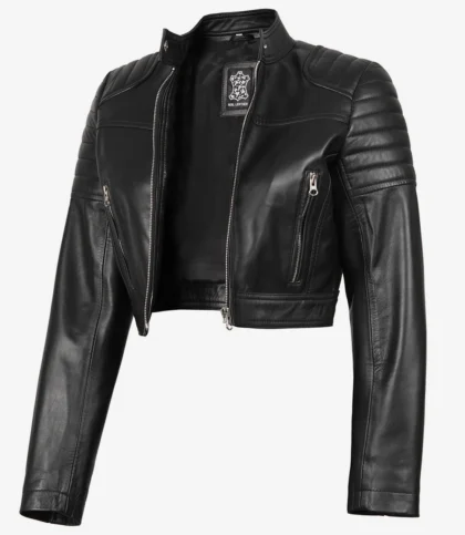 Edna Black Cropped Leather Jacket Womens