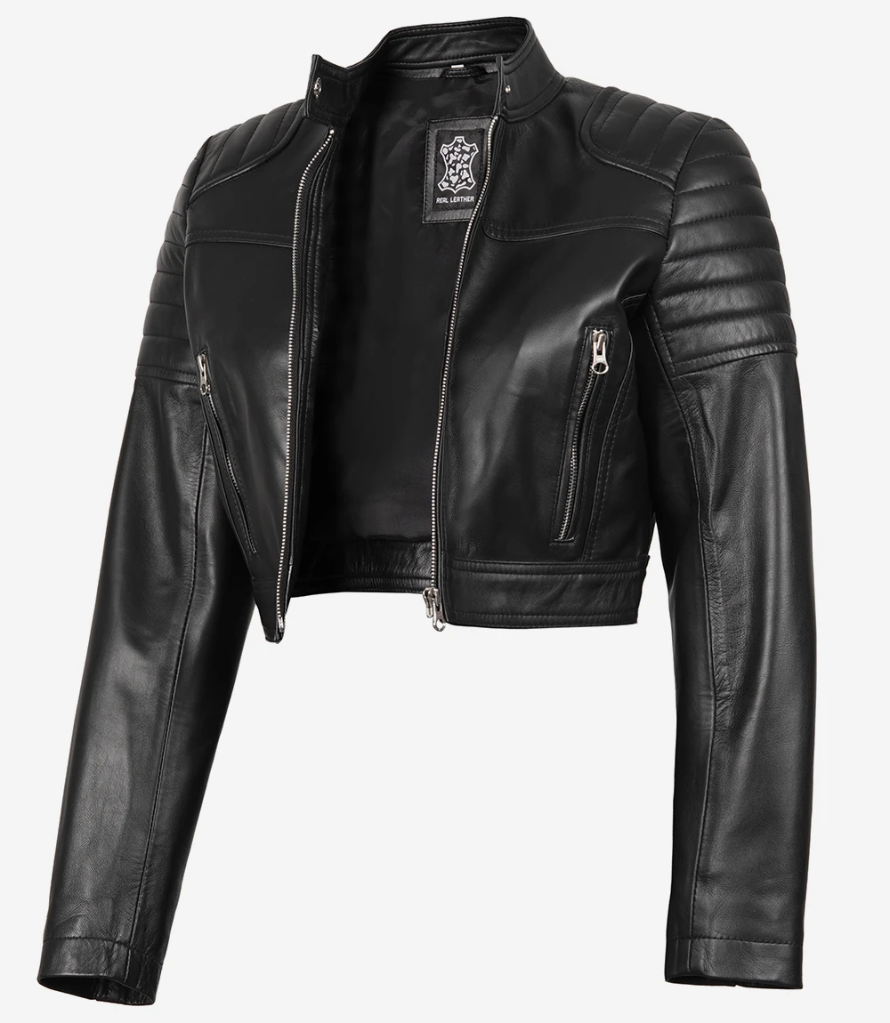 Edna Black Cropped Leather Jacket Womens