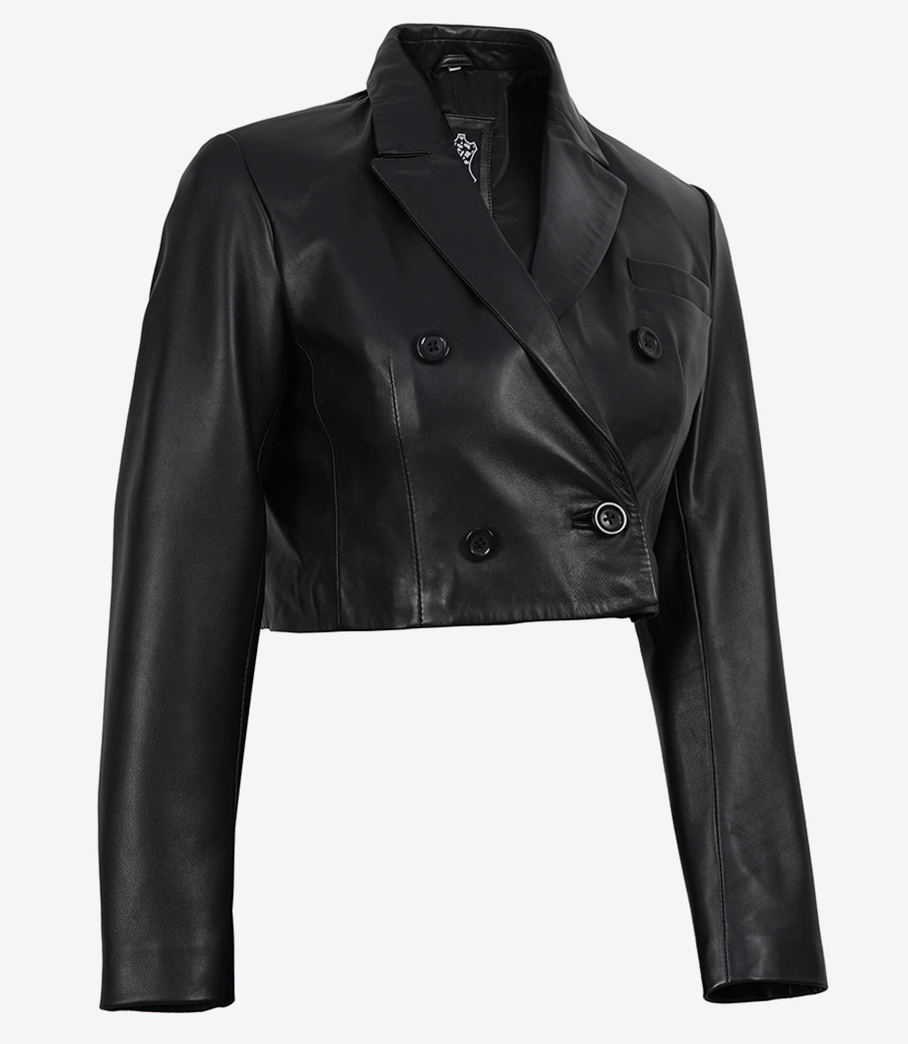 Women's Black Cropped Double Breasted Lambskin Leather Jacket - Image 2
