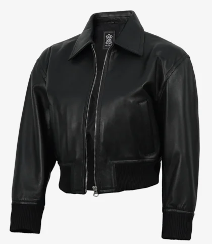 Women's Black Cropped Leather Bomber Jacket — Drop Shoulder