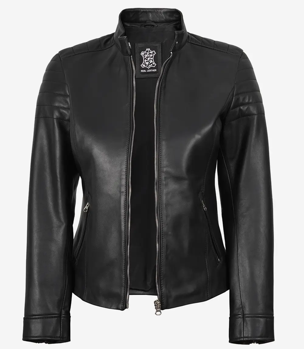 Women Cafe Racer Black Leather Jacket - Image 2