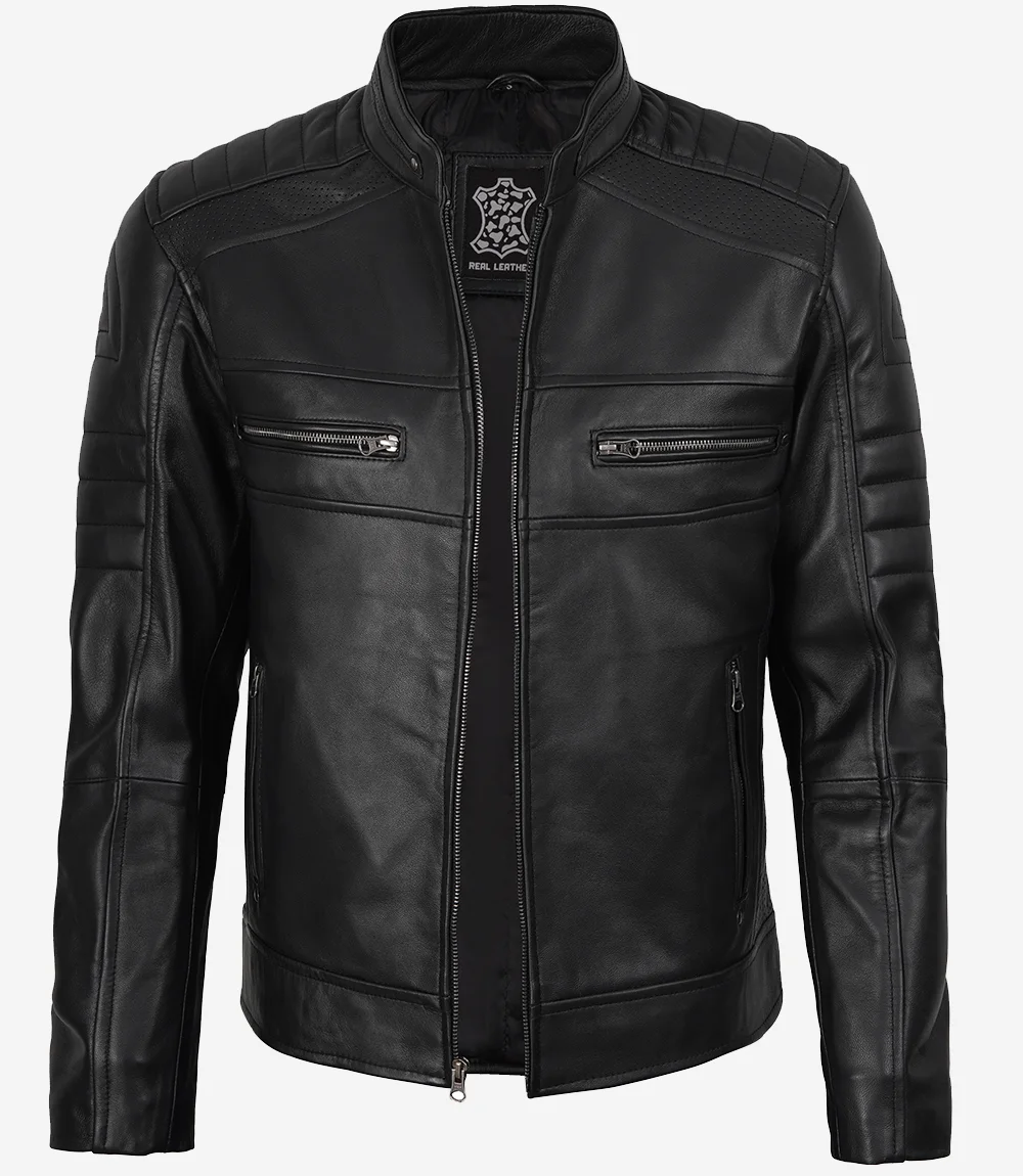 Men’s Black Lambskin Leather Cafe Racer Jacket - Image 2