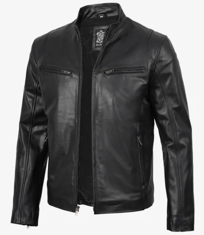 Men Black Cafe Racer Leather Jacket