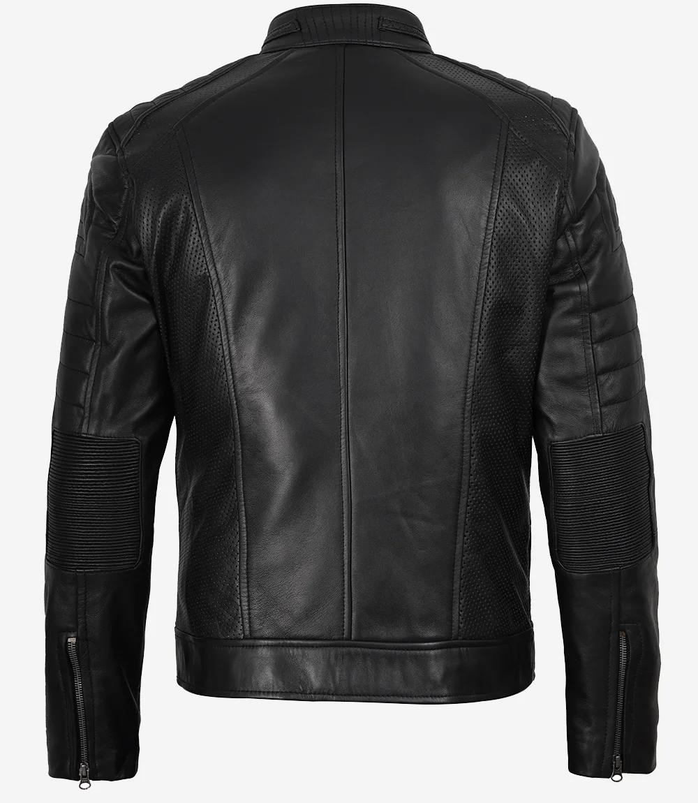 Men’s Black Lambskin Leather Cafe Racer Jacket - Image 3