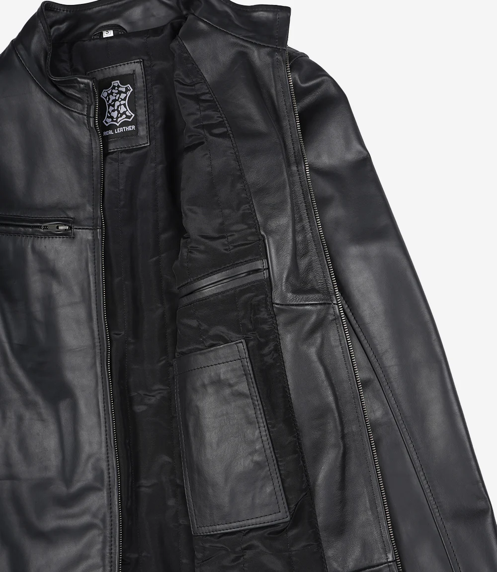 Men Black Cafe Racer Leather Jacket - Image 3