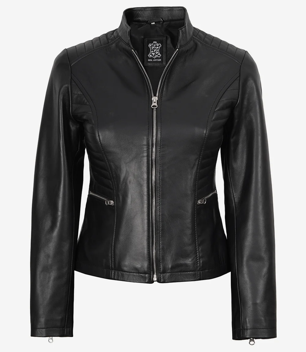 Women's Cafe Racer Black Leather Jacket - Image 4
