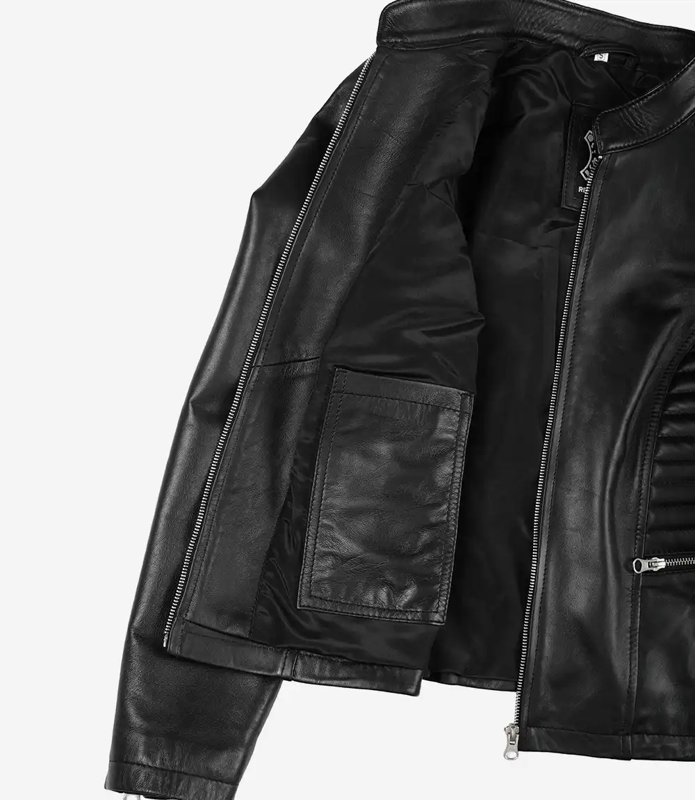 Women's Cafe Racer Black Leather Jacket - Image 5