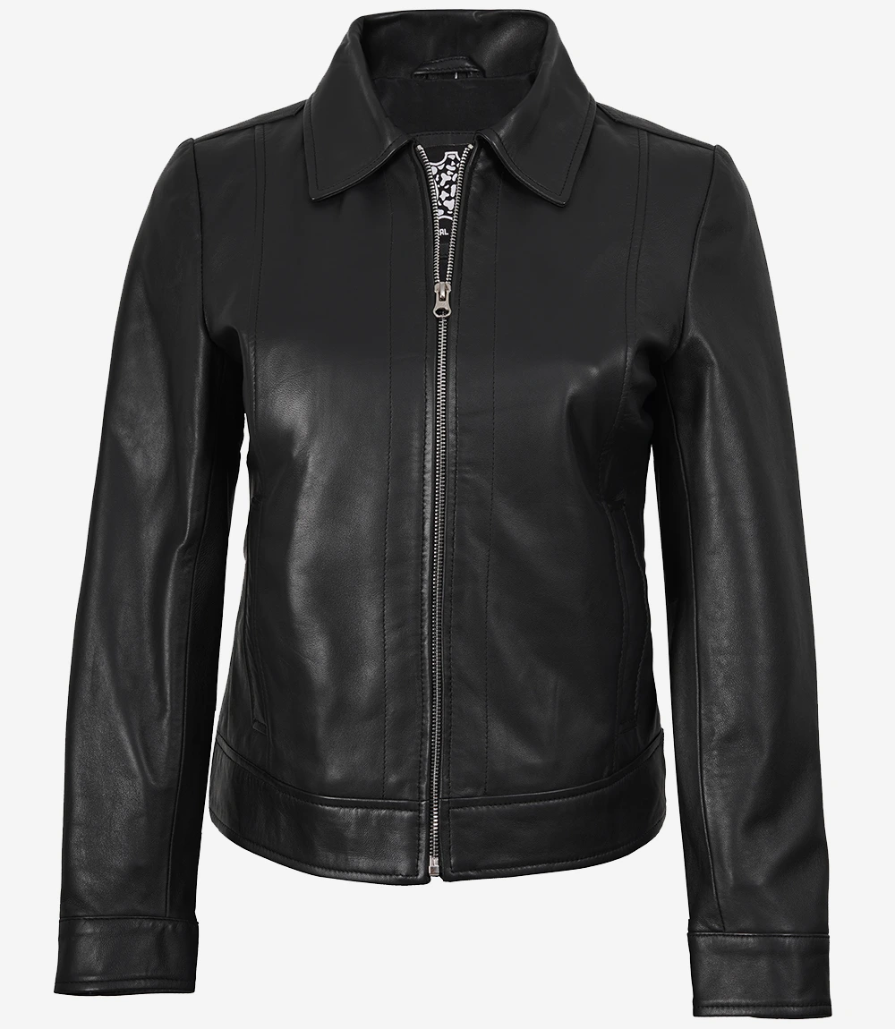 Women's Harrington Style Black Leather Jacket - Image 2