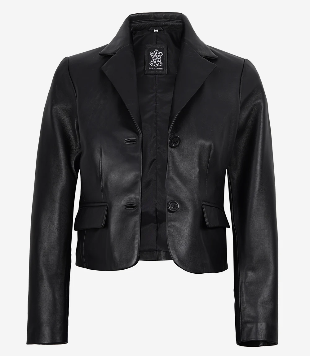 Women's Black Two Button Leather Cropped Jacket - Short Blazer Style - Image 2
