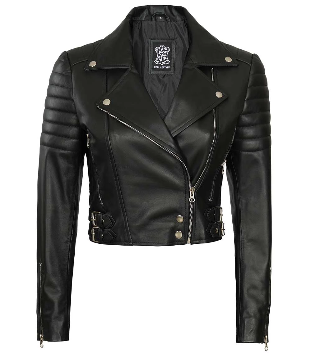 Women's Asymmetrical Black Cropped Leather Moto Jacket - Image 2