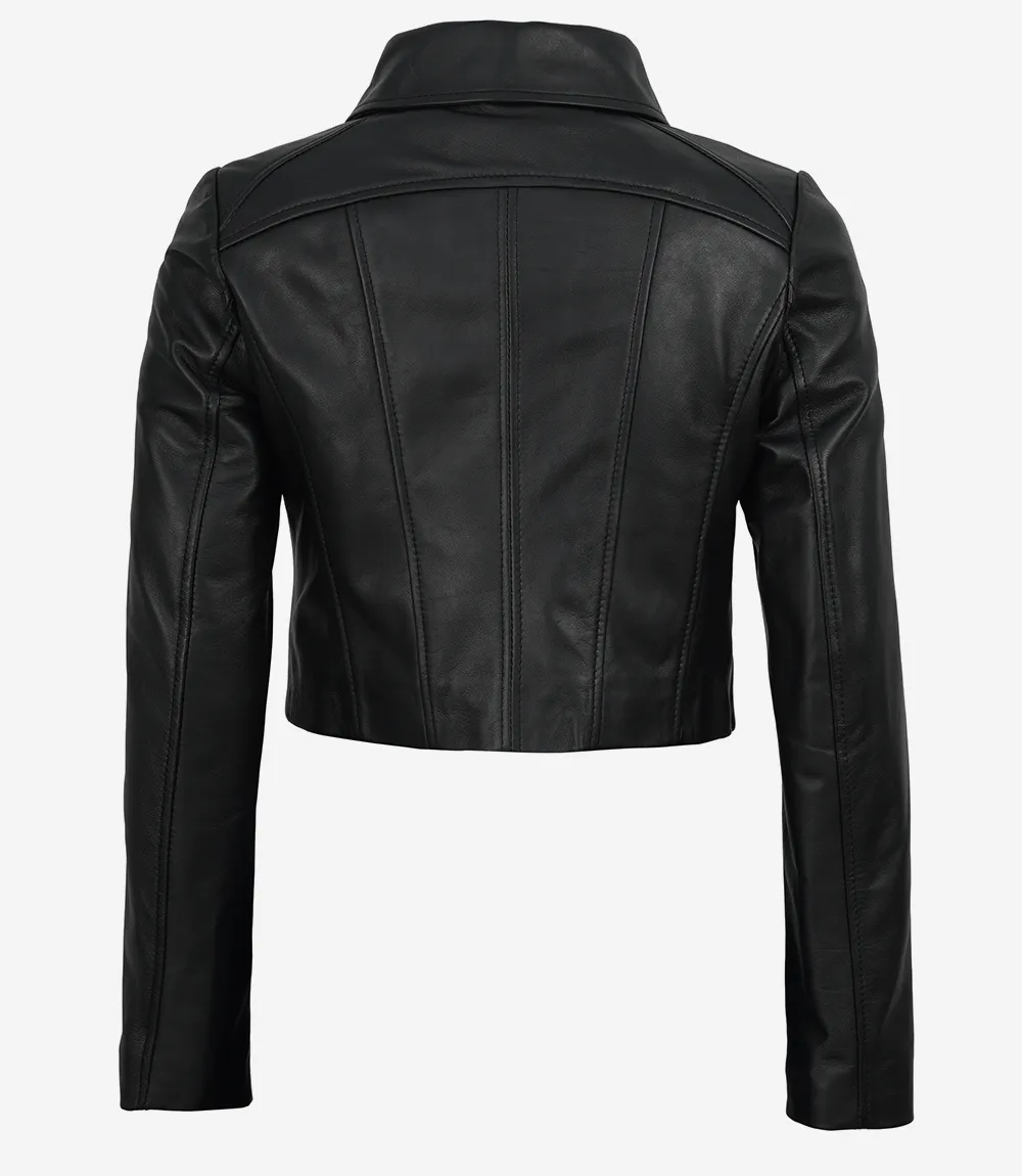 Women's Black Cropped Harrington Leather Jacket - Image 2