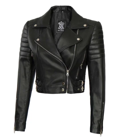 Women's Asymmetrical Black Cropped Leather Moto Jacket