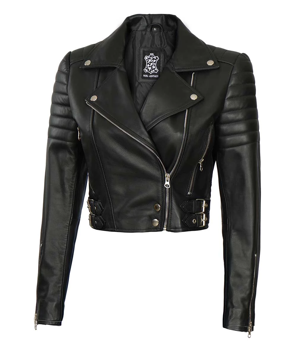 Women's Asymmetrical Black Cropped Leather Moto Jacket