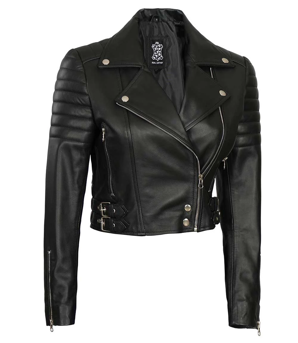 Women's Asymmetrical Black Cropped Leather Moto Jacket - Image 3