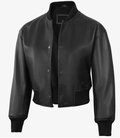 Women's Black Cropped Leather Bomber Jacket — Drop Shoulders