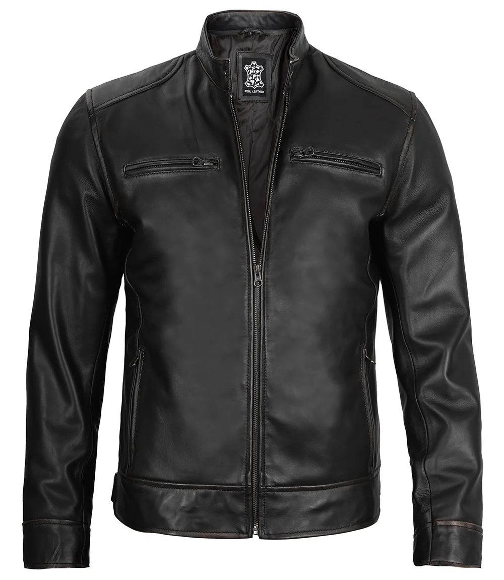 The Dodge — Men's Black Lambskin Cafe Racer Jacket - Image 3