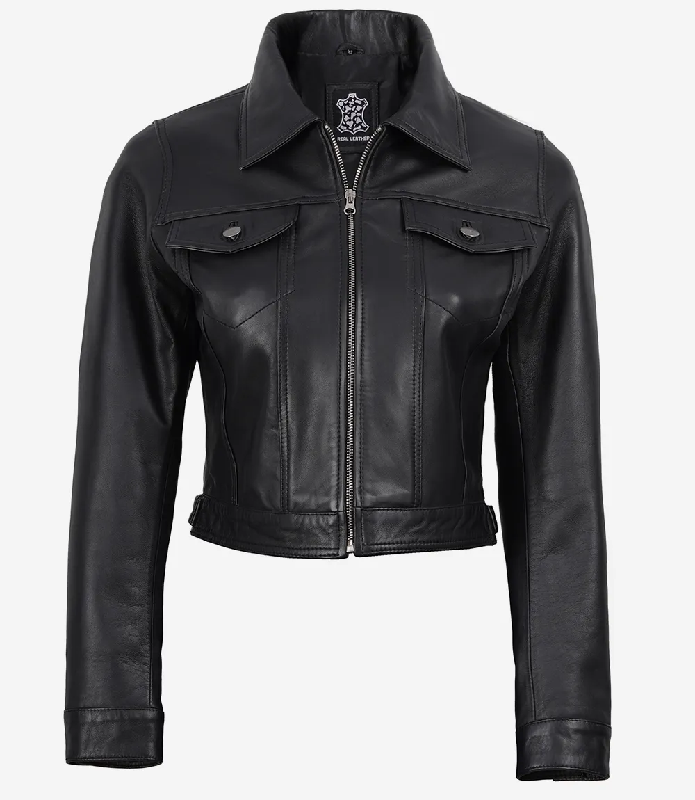 Women's Black Lambskin Leather Cropped Harrington Jacket - Image 2