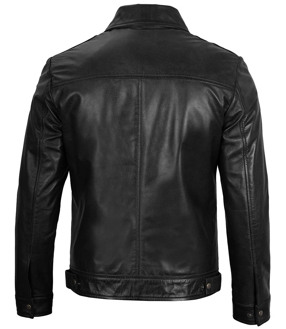 Men's Black Shirt Collar Classic Leather Jacket | Harrington - Image 4
