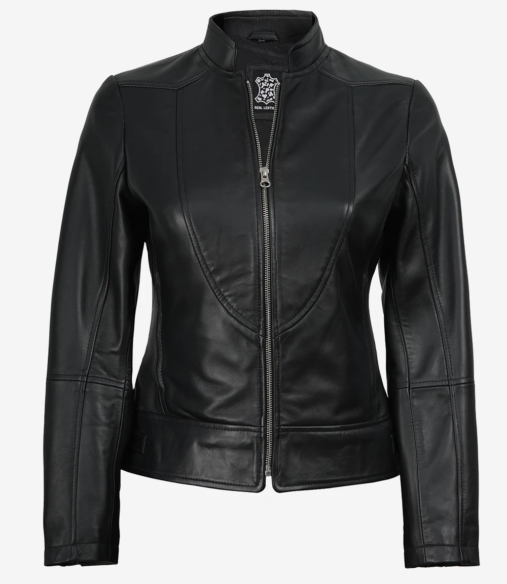 Women's Black Cafe Racer Leather Jacket - Image 2