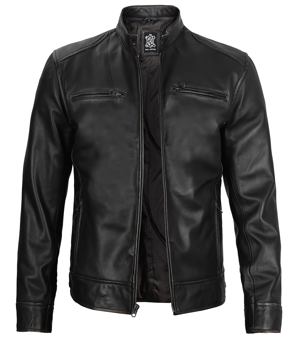 The Dodge — Men's Black Lambskin Cafe Racer Jacket - Image 4