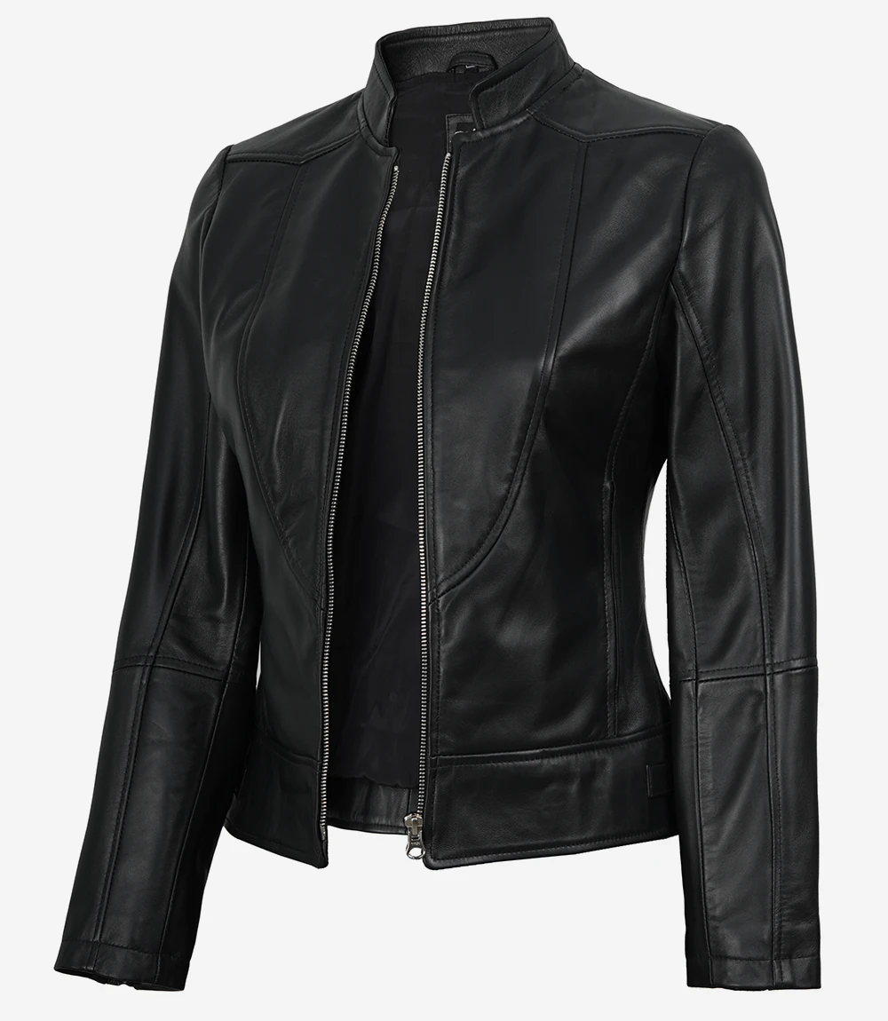 Women's Black Cafe Racer Leather Jacket