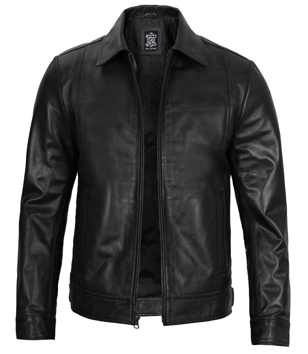 Men's Black Shirt Collar Classic Leather Jacket | Harrington - Image 3