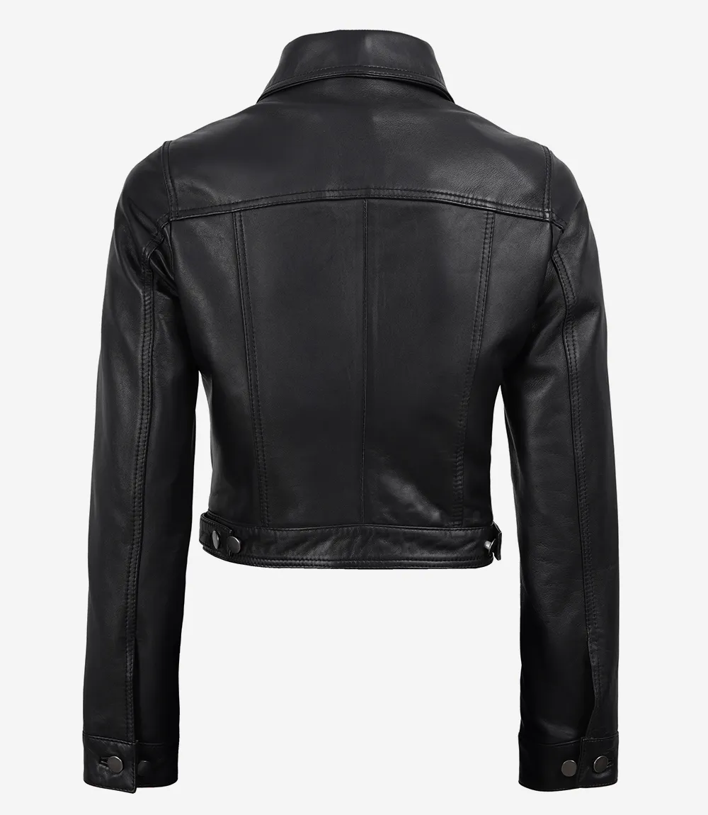 Women's Black Lambskin Leather Cropped Harrington Jacket - Image 3