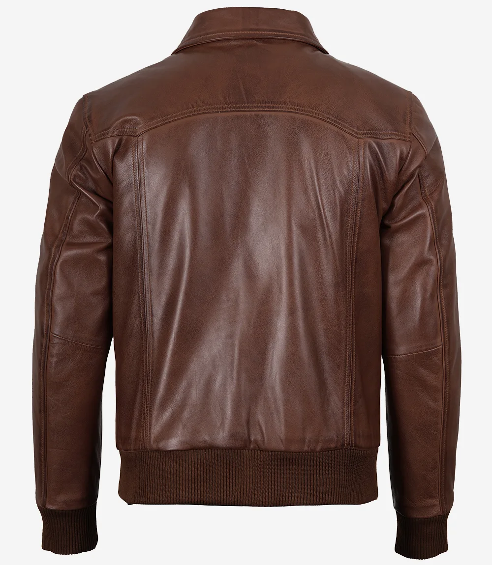 Men's Cognac Brown Wax Leather Bomber Jacket - Image 2