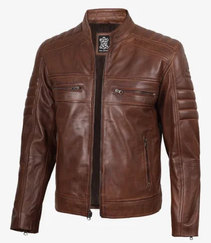 Austin Men Cafe Racer Cognac Brown Leather Jacket