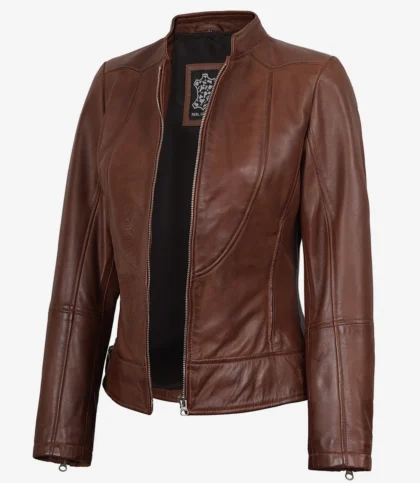 Women's Vintage Cafe Racer Cognac Brown Leather Jacket