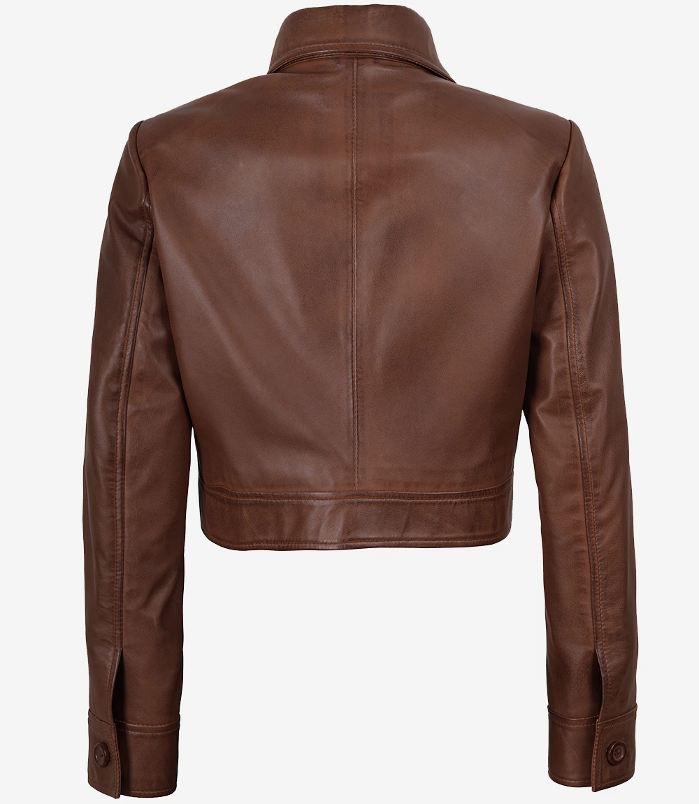 Freddie Women’s Cognac Brown Cropped Shirt Collar Leather Jacket - Image 2
