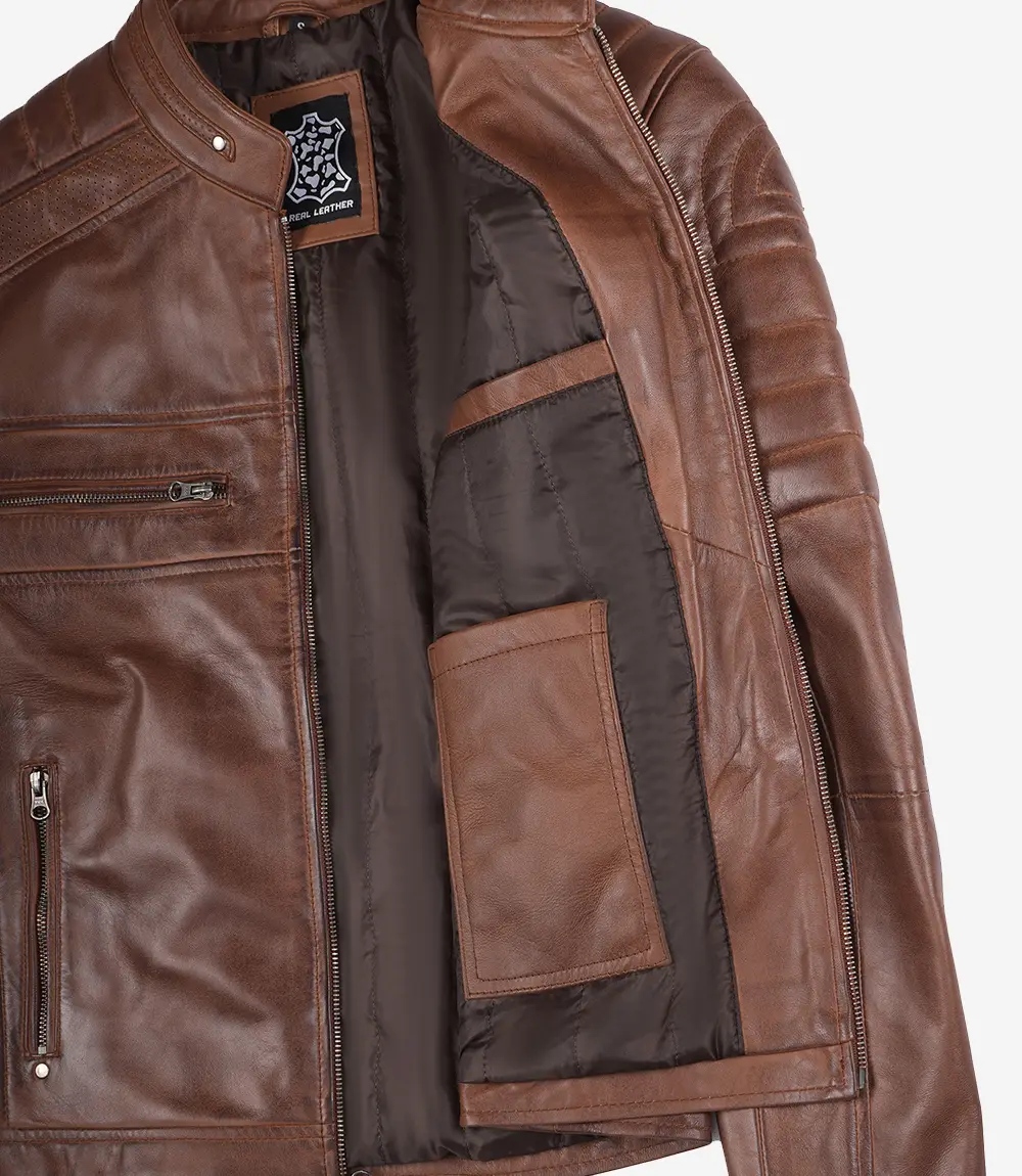 Austin Men Cafe Racer Cognac Brown Leather Jacket - Image 2