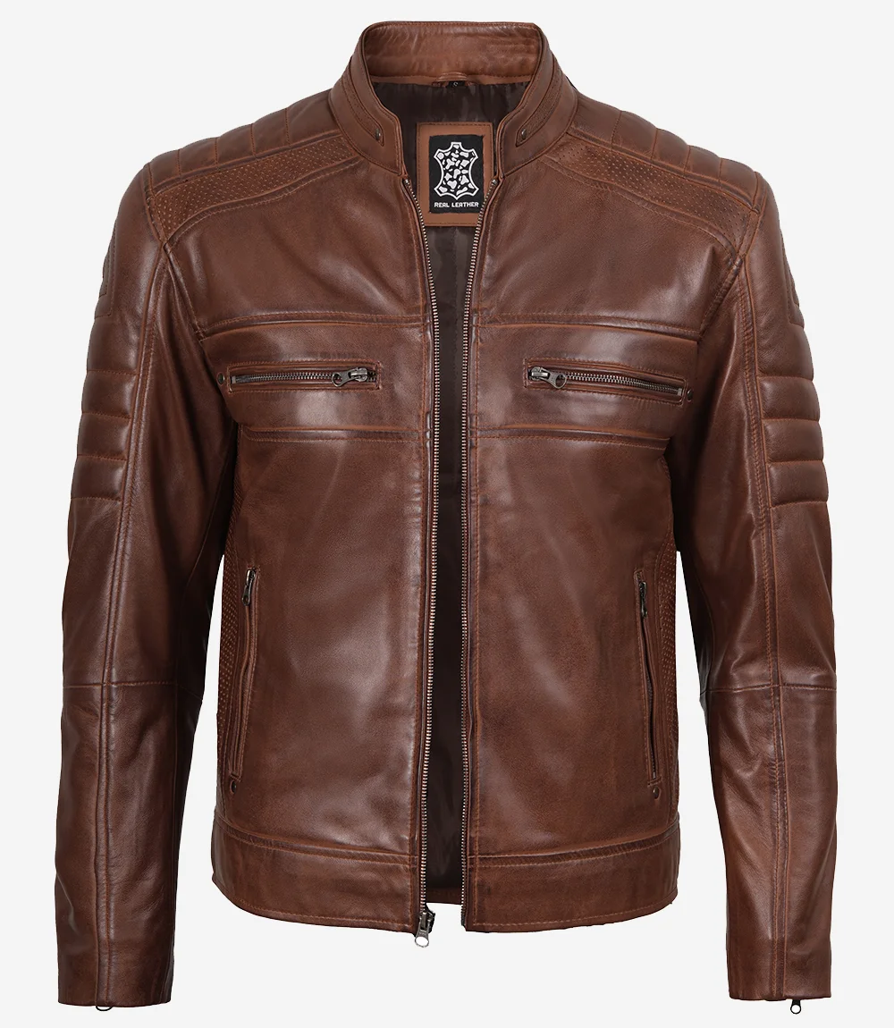 Austin Men Cafe Racer Cognac Brown Leather Jacket - Image 3