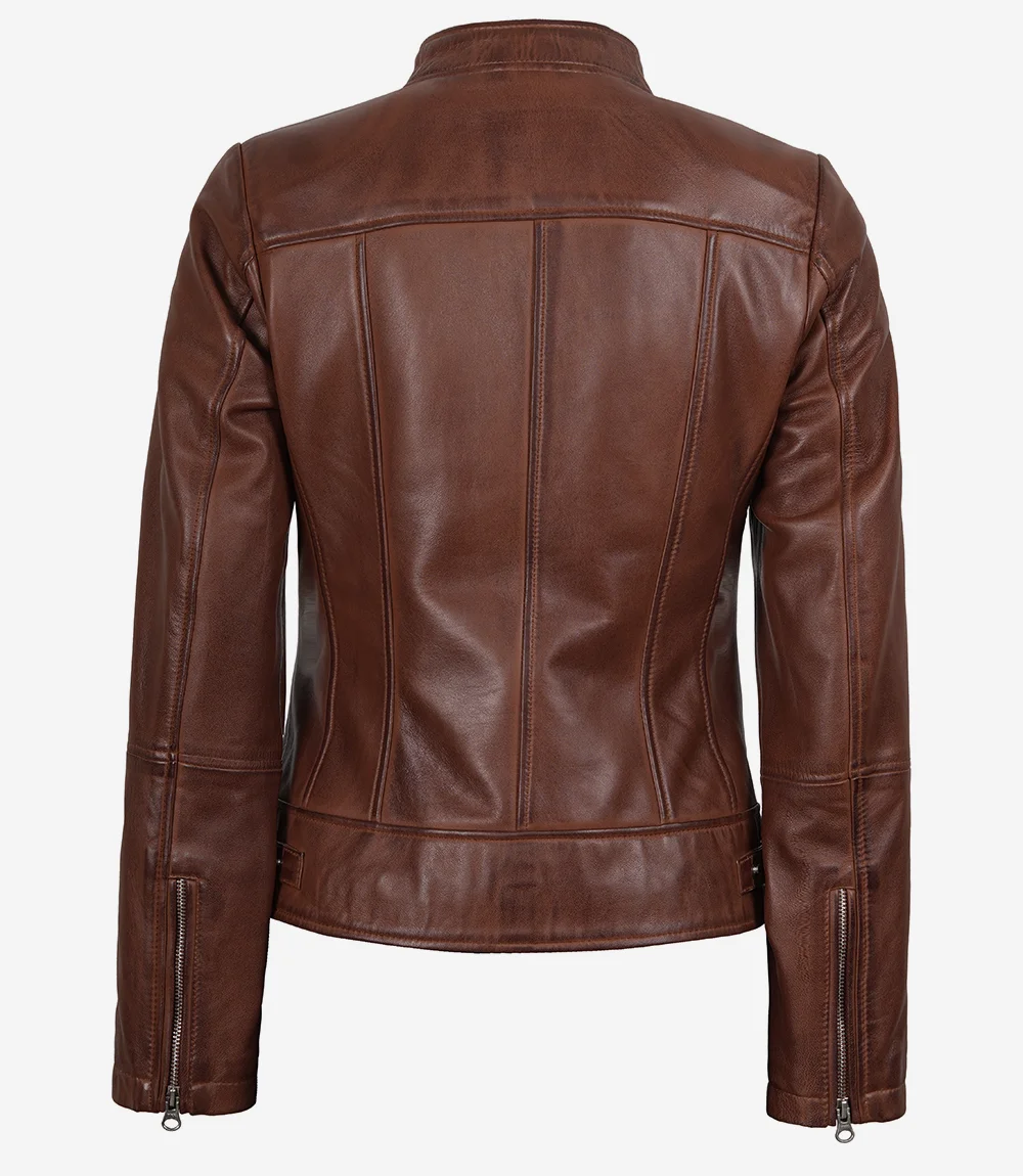 Women's Vintage Cafe Racer Cognac Brown Leather Jacket - Image 4