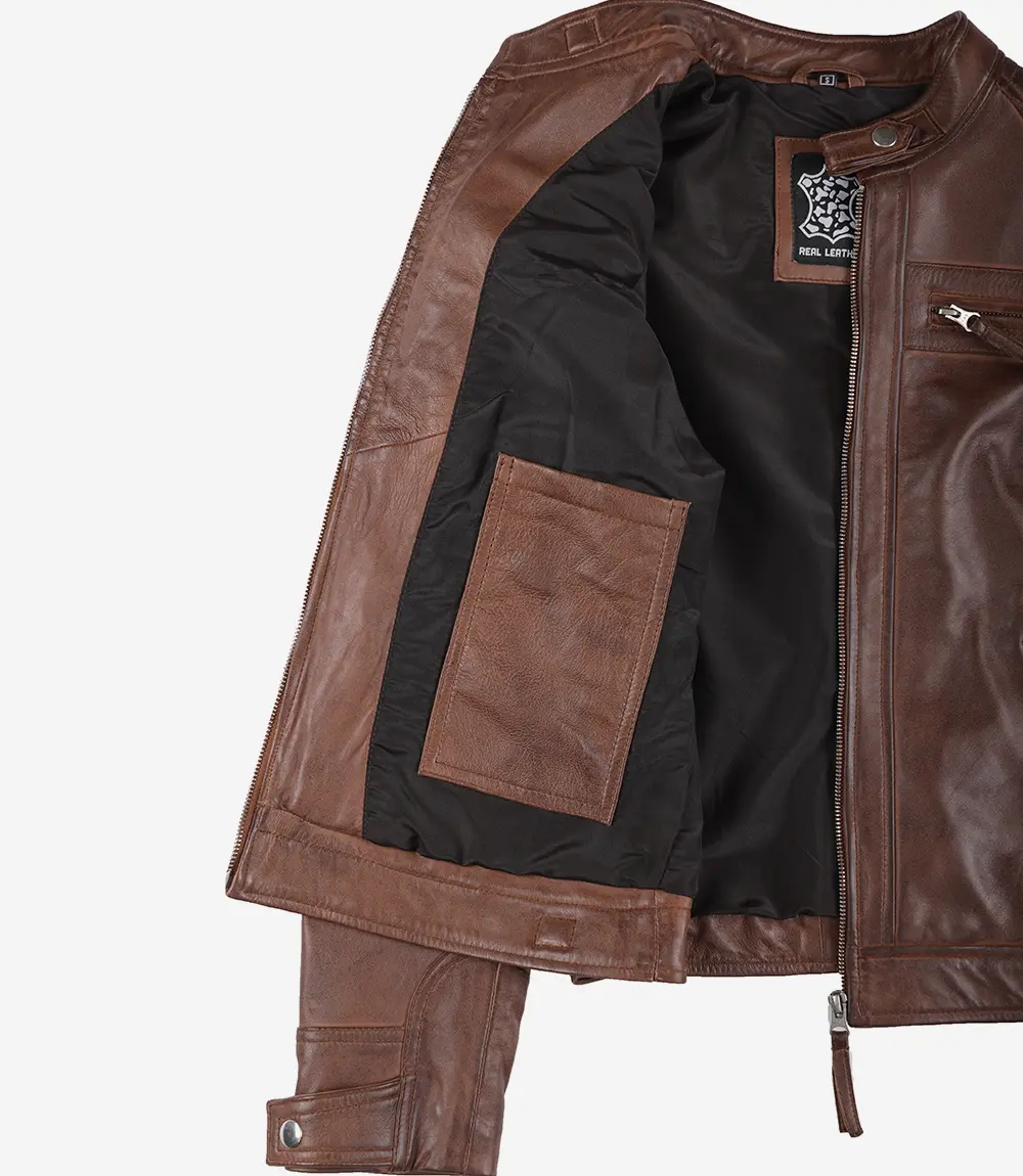 Johnson Women Cognac Quilted Cafe Racer Leather Jacket - Image 4