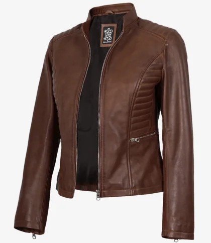 Women's Cafe Racer Cognac Brown Leather Jacket